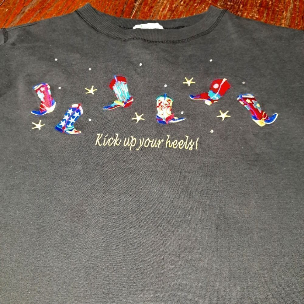 2X The Quacker Factory Kick Up Your Heels Long Sleeve Black Sweatshirt Western